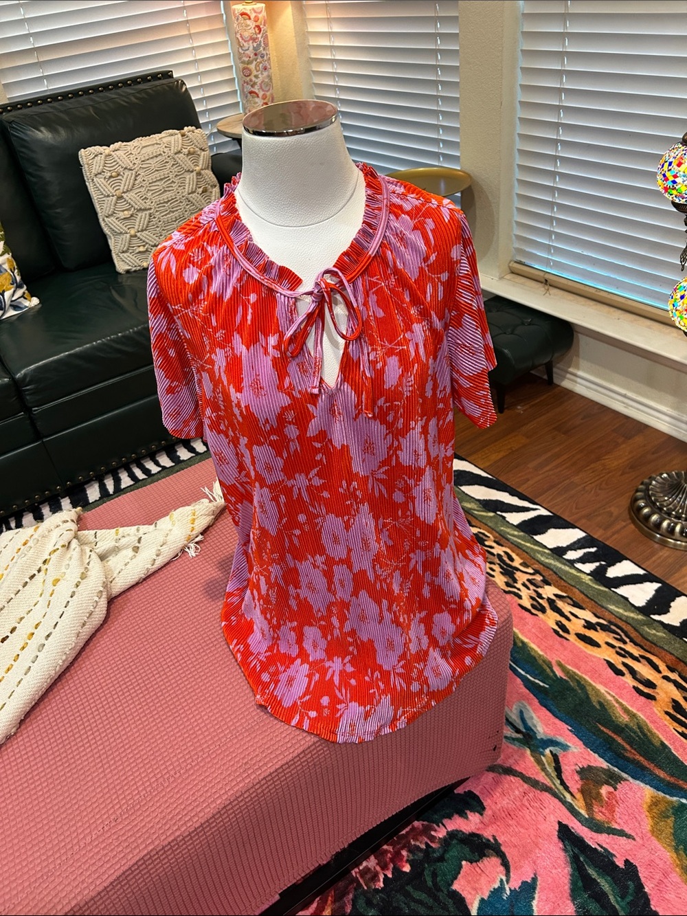 Cato Red & Lavender Floral Tie-Neck Short Sleeve Blouse